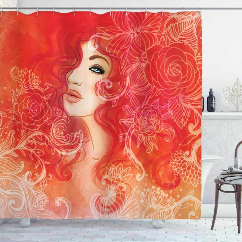 Lady Hair Floral Ornament Shower Curtain
