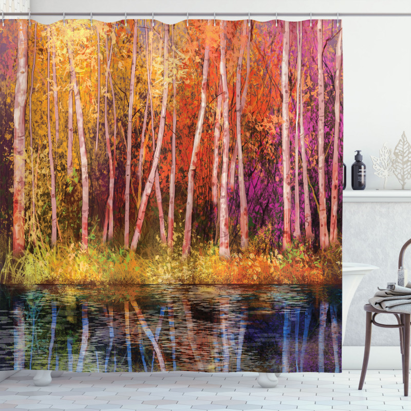 Autumn Trees by Lake Shower Curtain