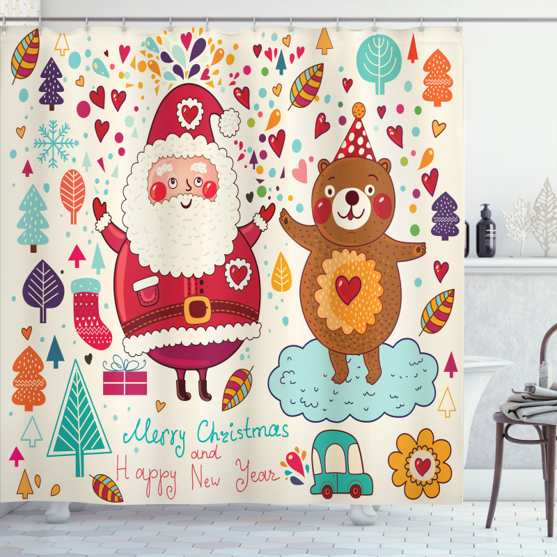 Santa and Teddy Bear Shower Curtain