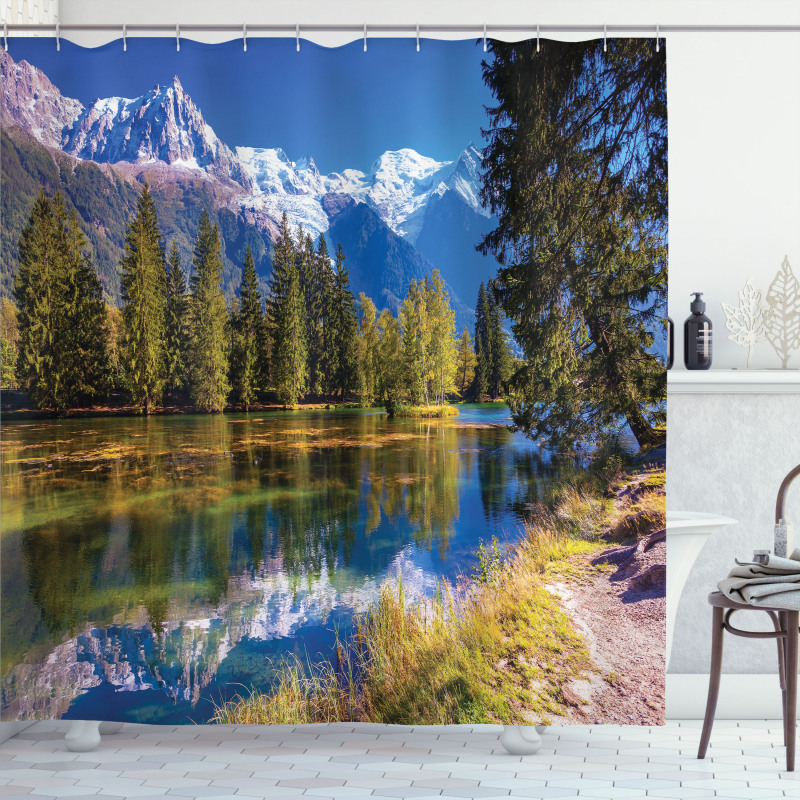 Snowy Alps Lake Pine Shower Curtain