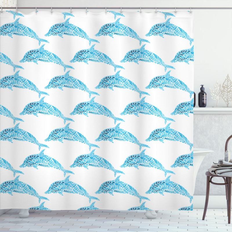 Aqua Dolphins Leaves Shower Curtain