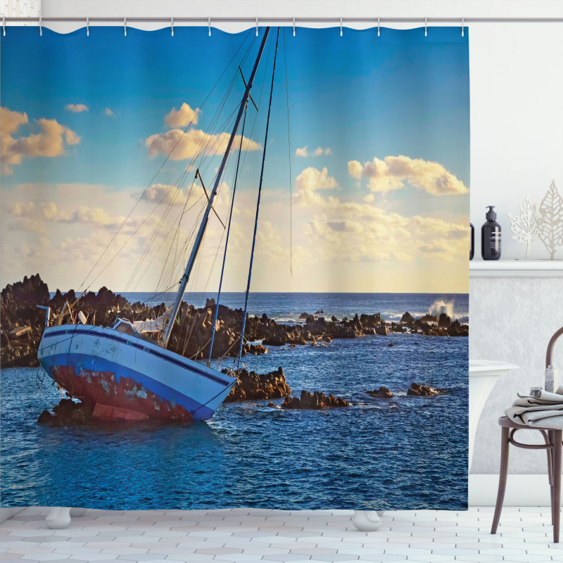 Yacht on Rocks Harbor Shower Curtain