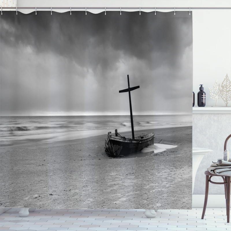 Wreck Boat on the Beach Shower Curtain