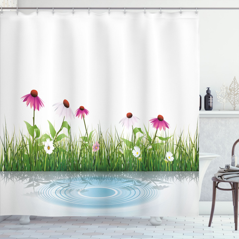 Cartoon Flowers by Lake Shower Curtain