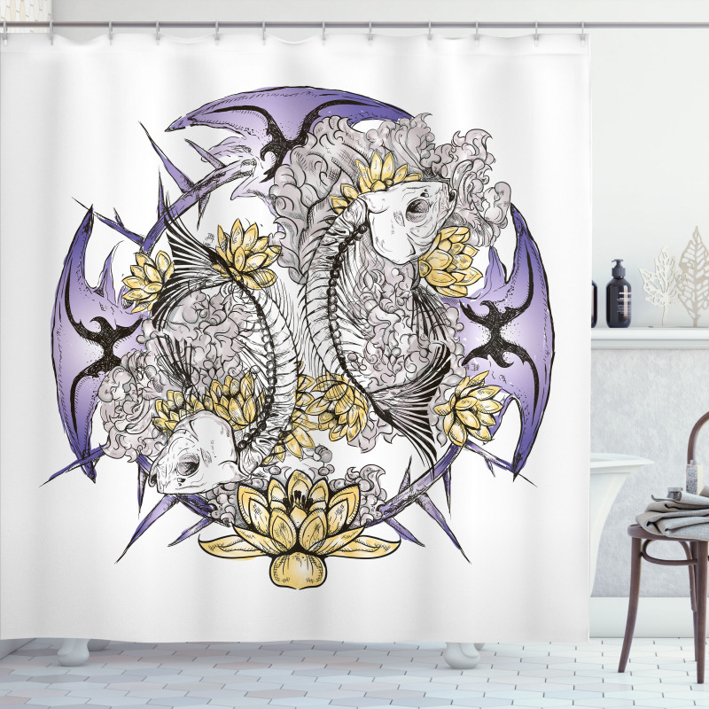 Fish Skeleton Lotus Art Shower Curtain