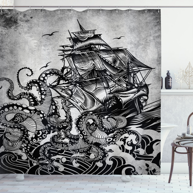 Nautical Shower Curtain Charcoal Kraken Waves and Ship