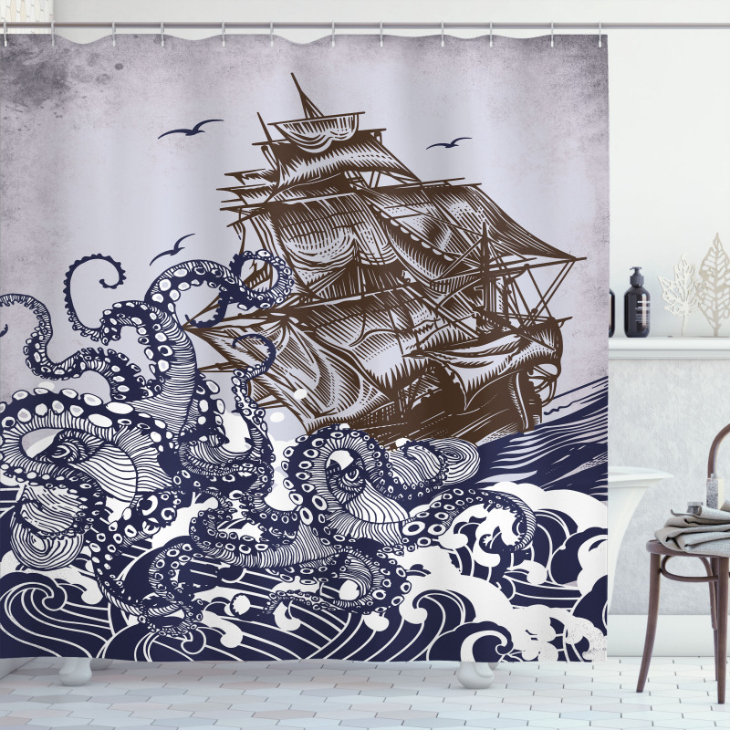 Nautical Shower Curtain Navy Kraken Waves and Ship