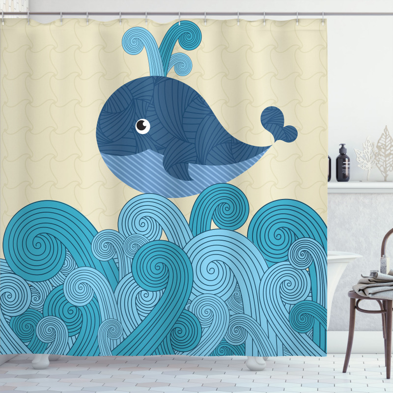 Smiley Whale and Lines Shower Curtain