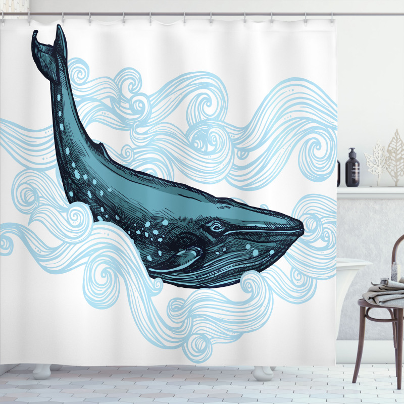 Whale with Striped Wave Shower Curtain