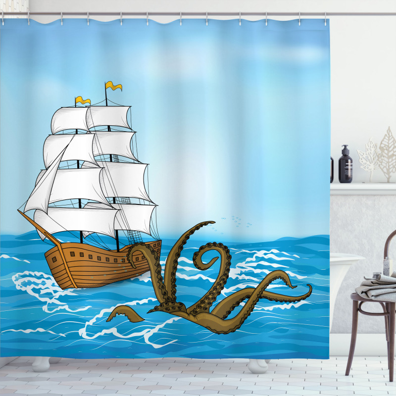 Ship in Waves and Kraken Shower Curtain
