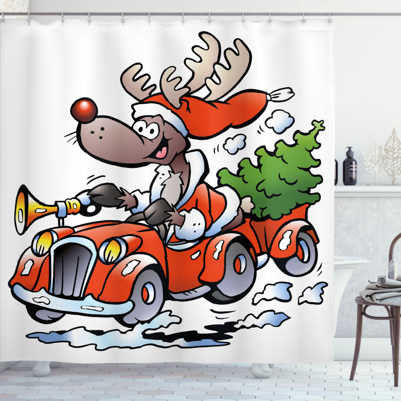 Reindeer in Red Car Shower Curtain
