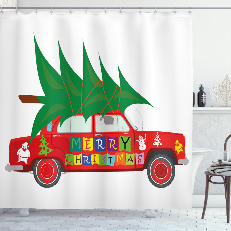 Red Vintage Car Elf Shower Curtain