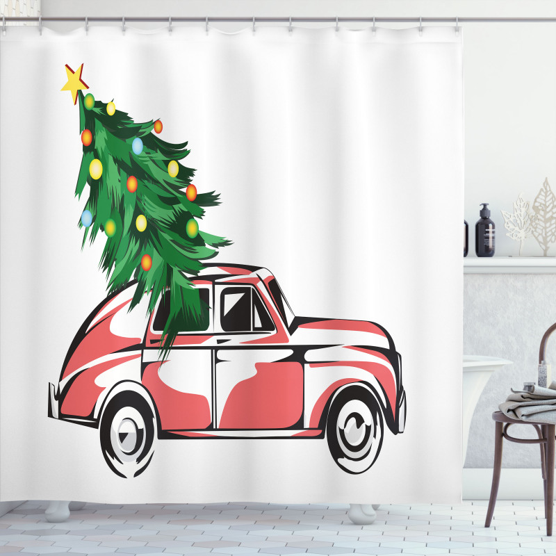 Retro Car Xmas Tree Shower Curtain