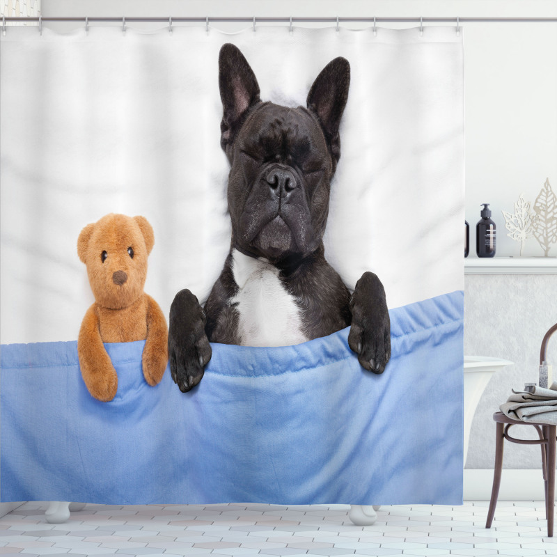 French Bulldog with Bear Shower Curtain