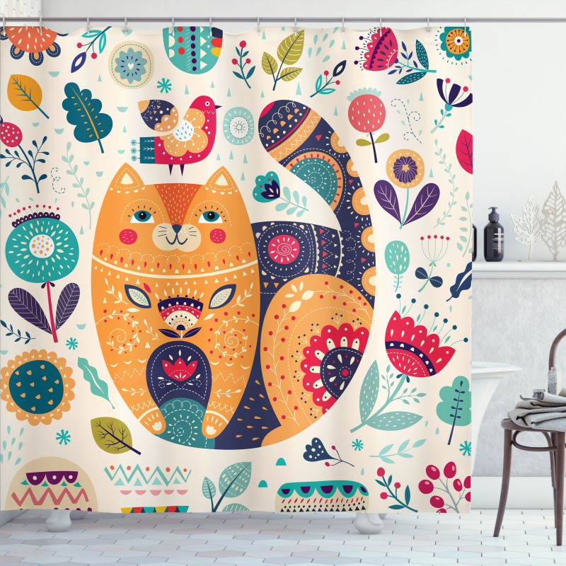 Cat and Flower Leaf Shower Curtain