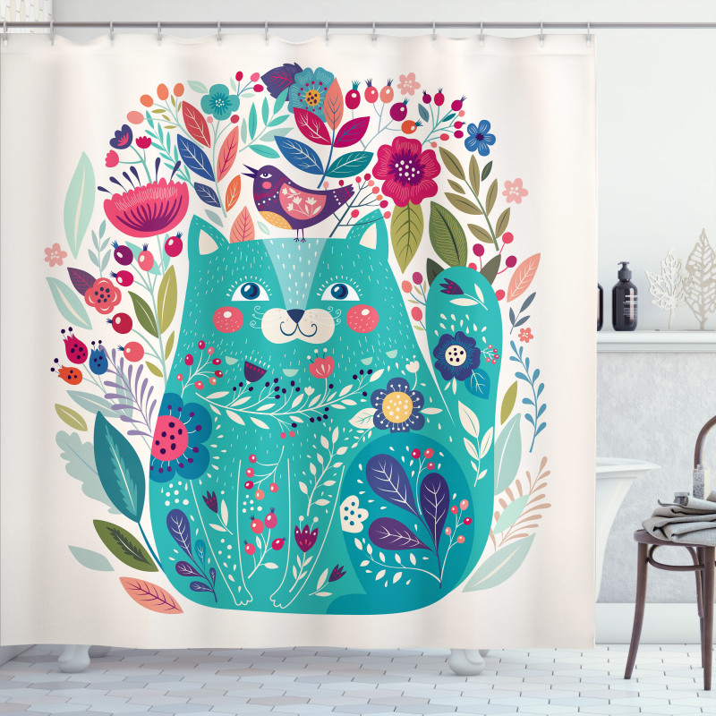 Kitty with Flower and Bird Shower Curtain