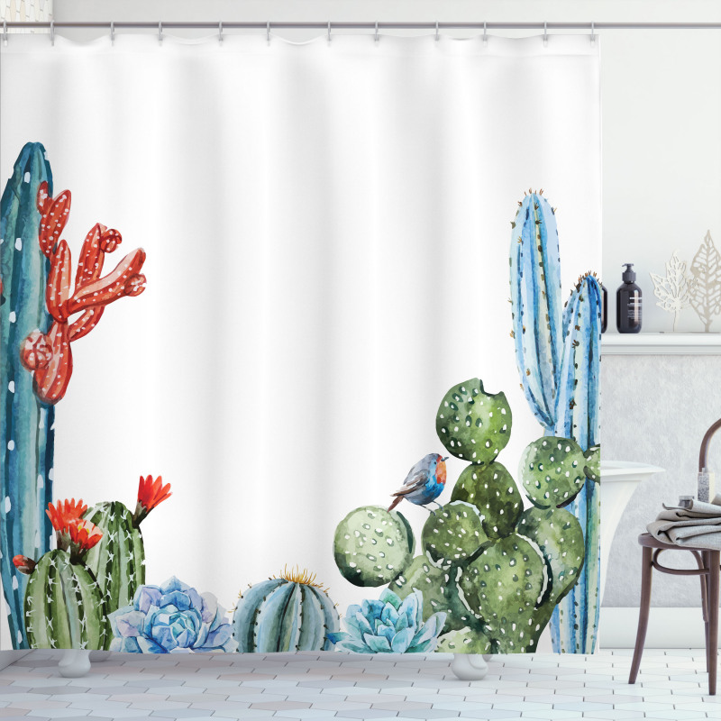 Cactus Flowers Birds Shower Curtain