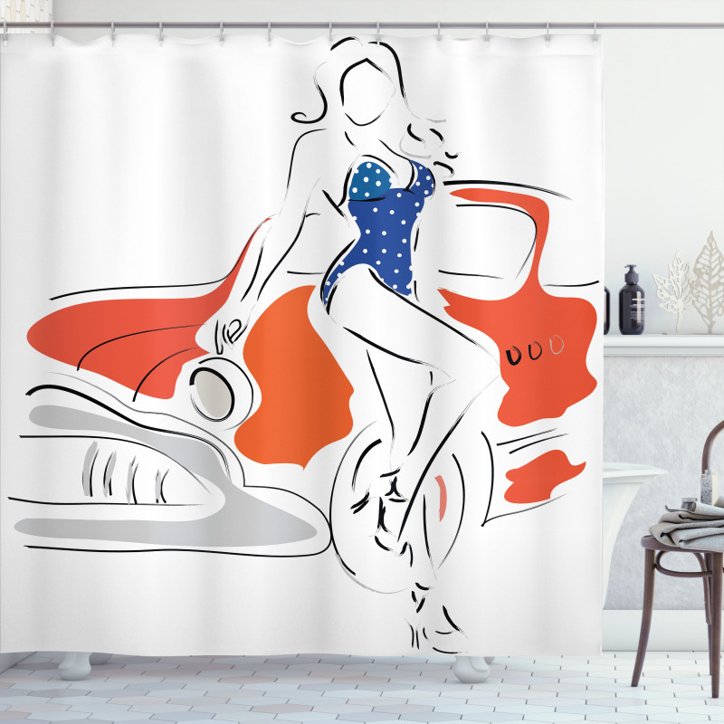 Woman Sketch in Polka Shower Curtain