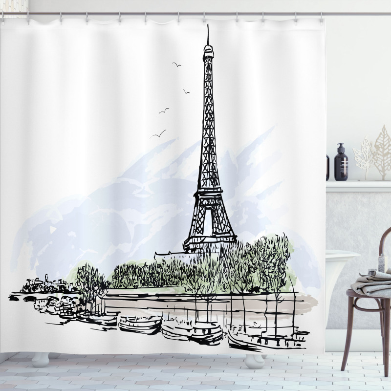 Eiffel Tower Birds Trees Shower Curtain