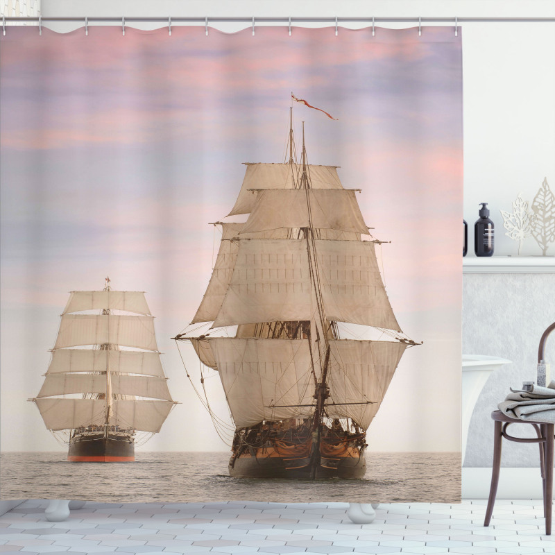Wooden Sailing Ship Waves Shower Curtain