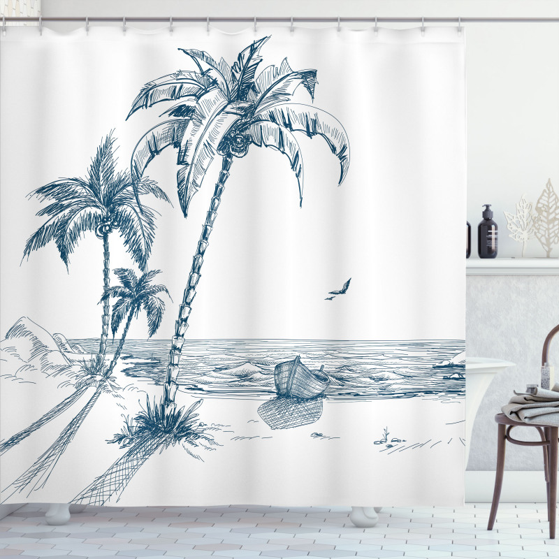 Palm Tree Boat Sketch Shower Curtain