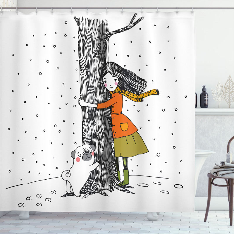 Girl with Pug Shower Curtain