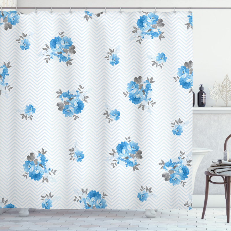 Blue Color Romantic Flower Shower Curtain