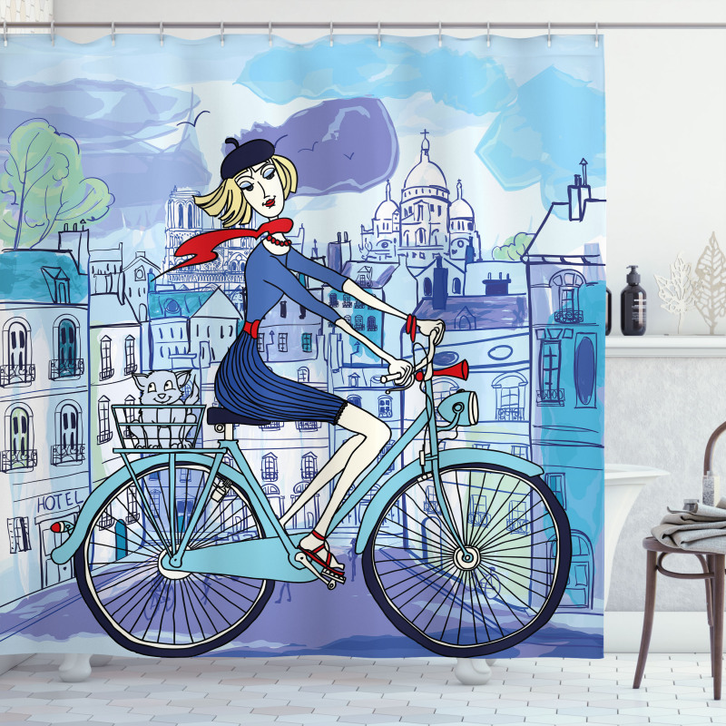 Woman on Bicycle with Cat Shower Curtain