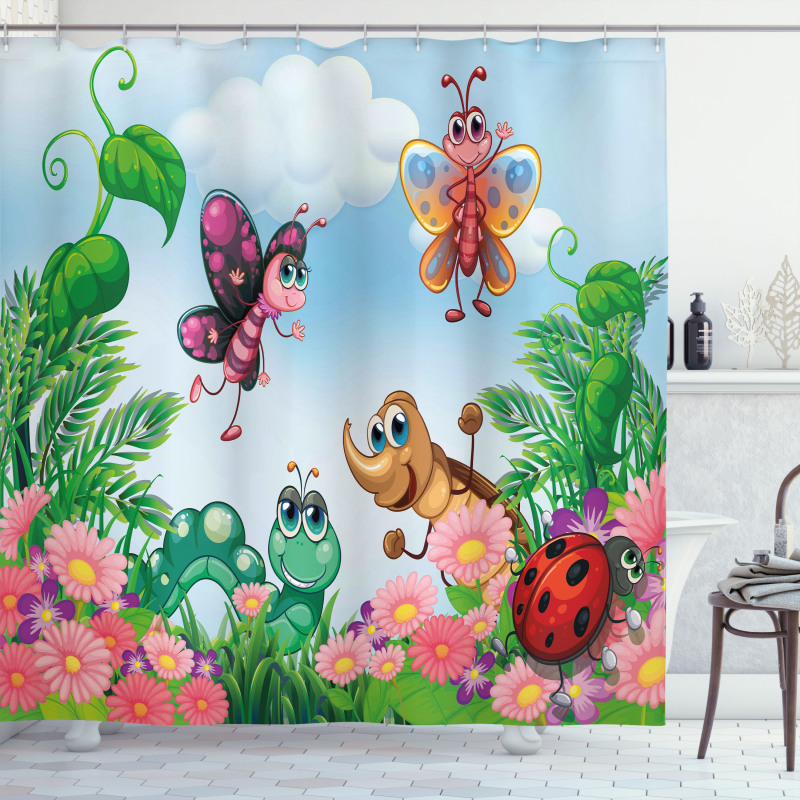 Butterfly Ladybug Worm Shower Curtain
