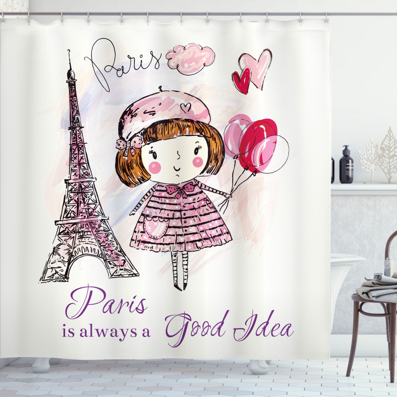 Hearts on Eiffel Tower Shower Curtain