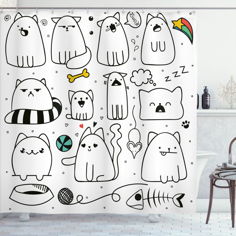 Sketchy Cats with Toys Shower Curtain
