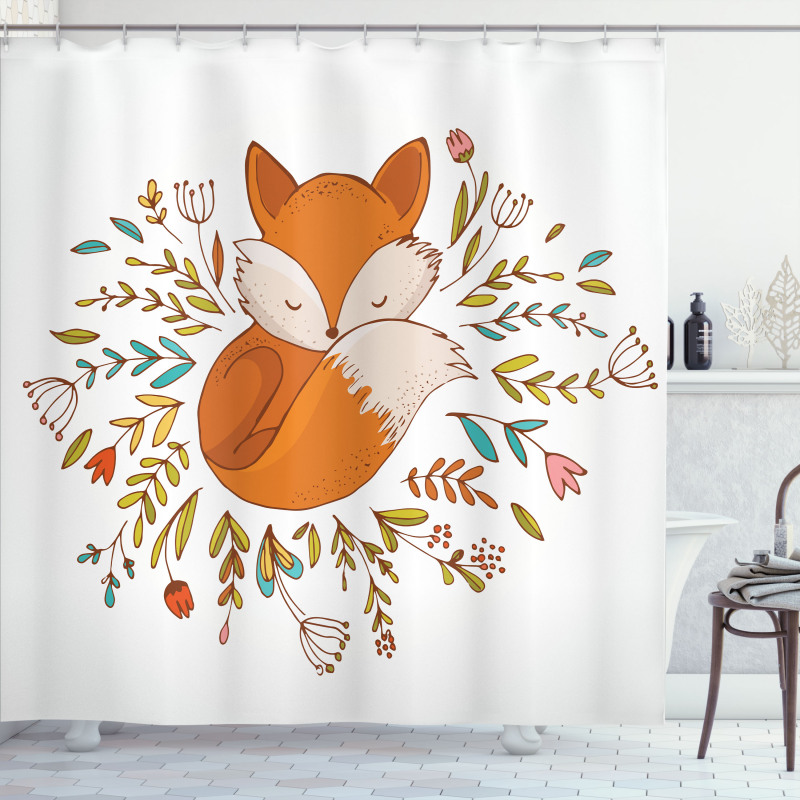 Baby Fox Flowers Shower Curtain