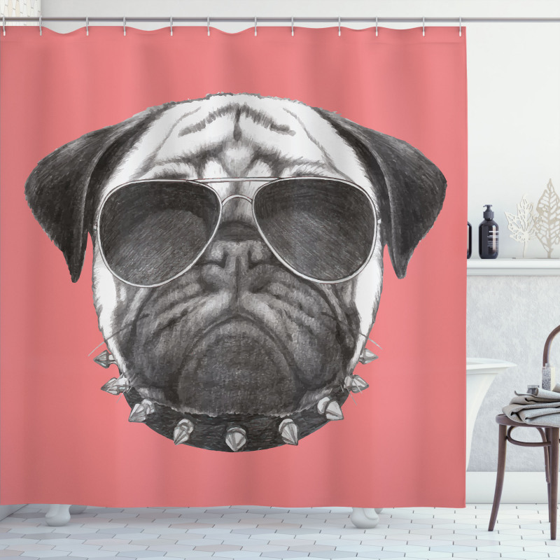 Pug Dog Sunglasses Colar Shower Curtain