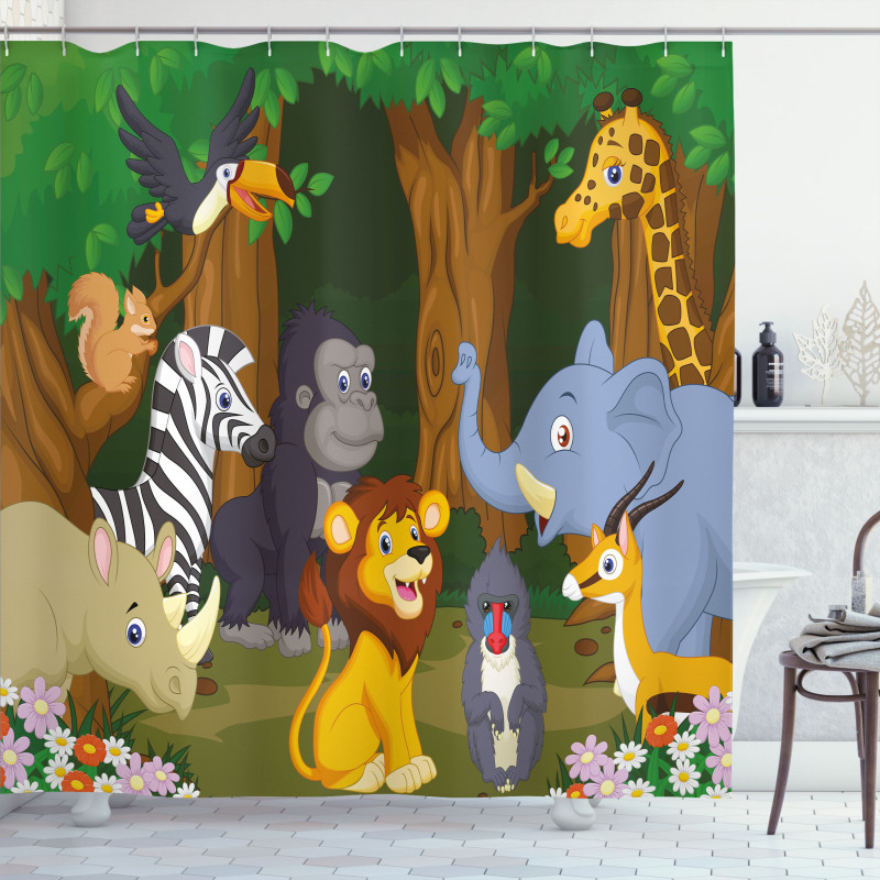 Cartoon Elephant Lion Shower Curtain
