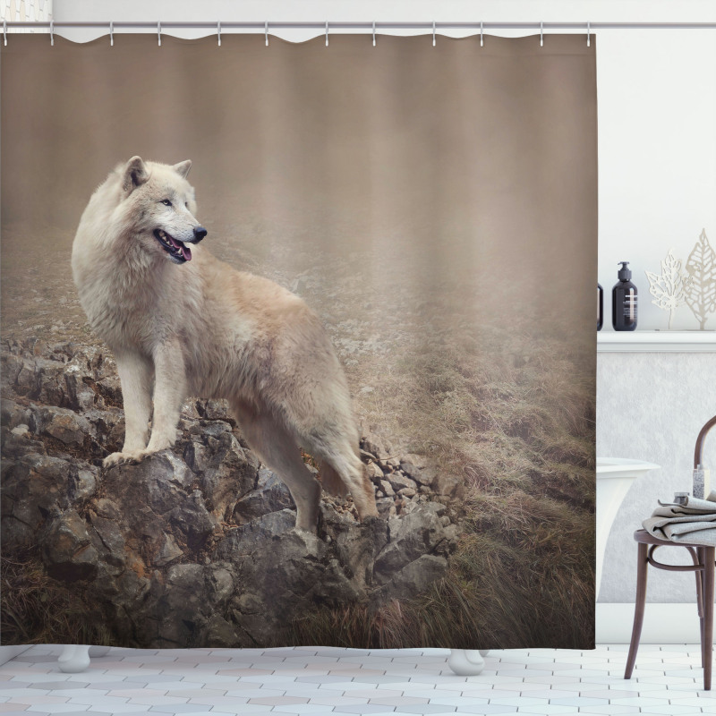 White Wolf on the Rocks Shower Curtain