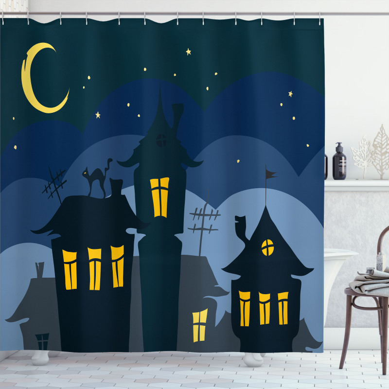 Cartoon Town with Cat Shower Curtain