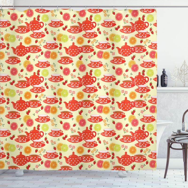 Cup with Dots and Fruits Shower Curtain