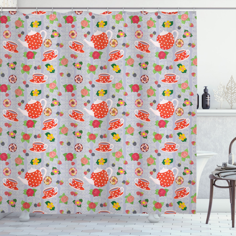 Cartoon Tea Pots Roses Shower Curtain