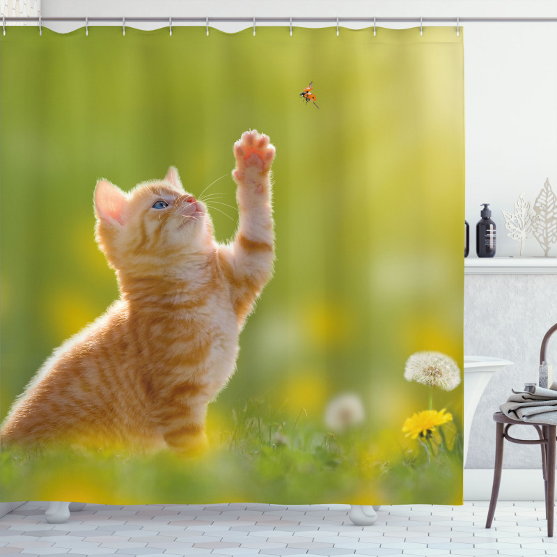 Ladybug Cats Dandelions Shower Curtain