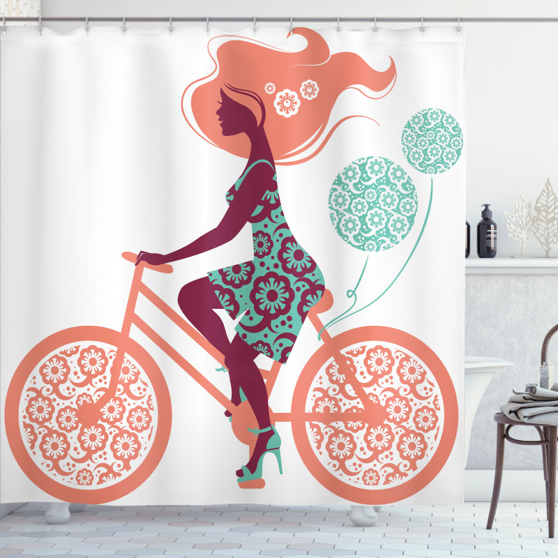Coral Flowers Bikes Girl Shower Curtain