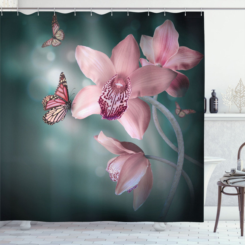 Orchid Flower Butterfly Shower Curtain