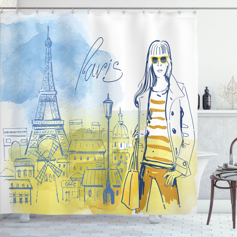 Girl at the Eiffel Tower Shower Curtain