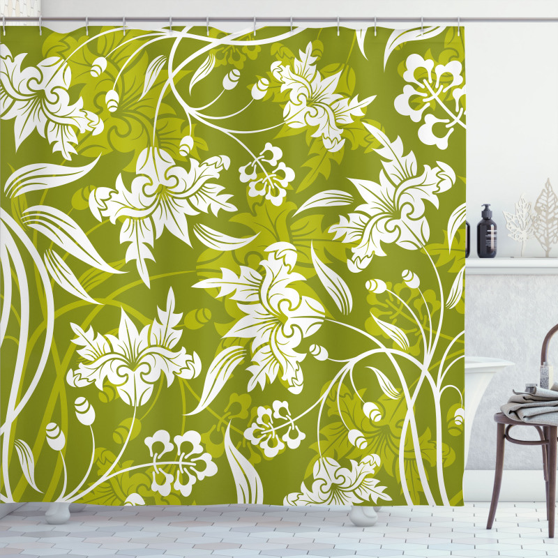 Green Flower Pattern Shower Curtain