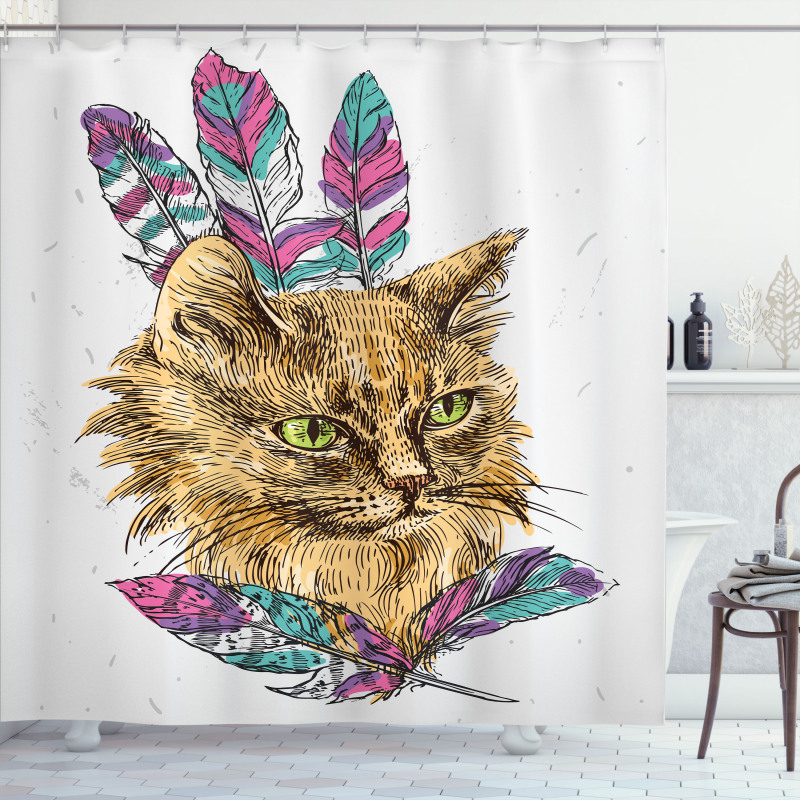 Cat with Colorful Feathers Shower Curtain