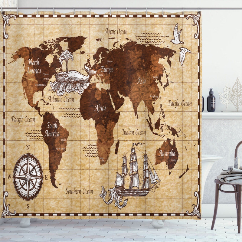 Retro Sketch World Map Shower Curtain