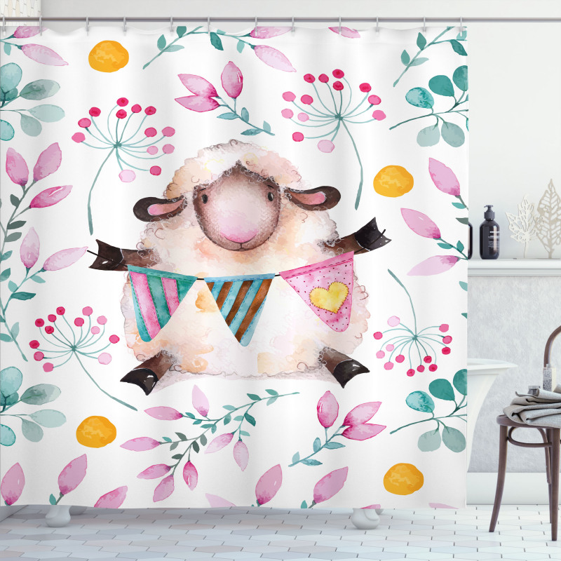 Watercolor Cartoon Sheep Shower Curtain