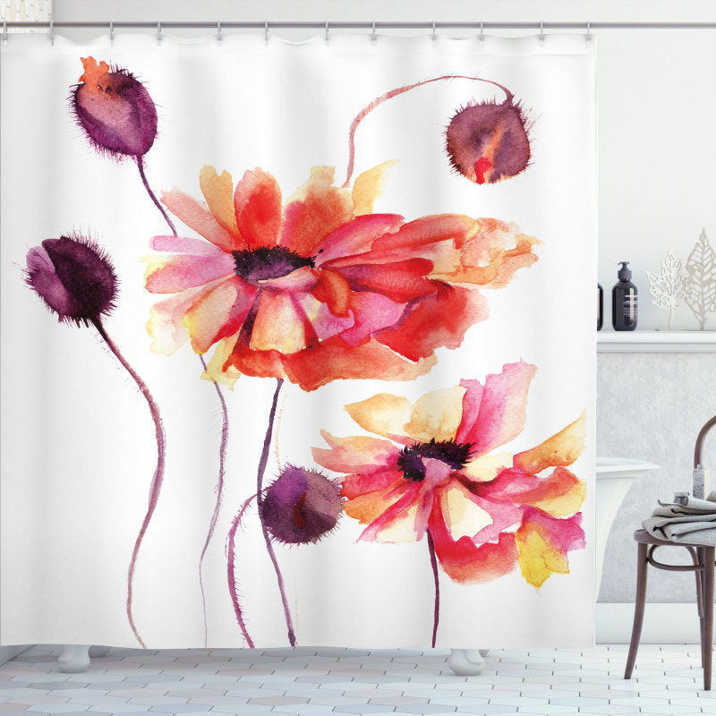 Watercolor Poppies Buds Shower Curtain