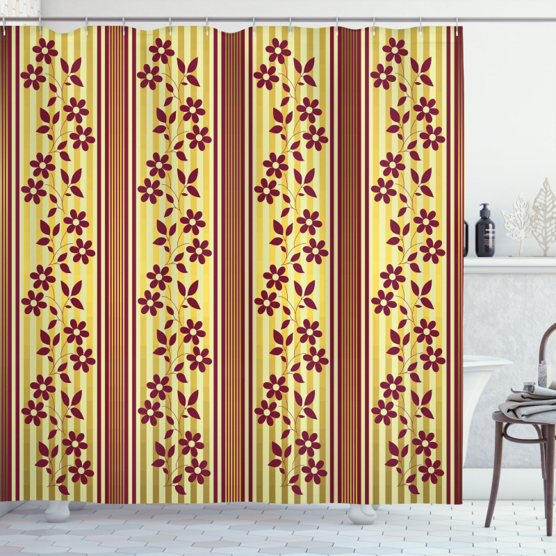Red Flowers on Stripes Shower Curtain