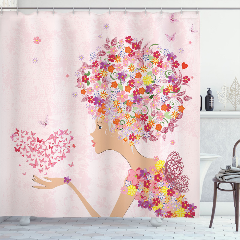 Flowers Girl Butterflies Shower Curtain