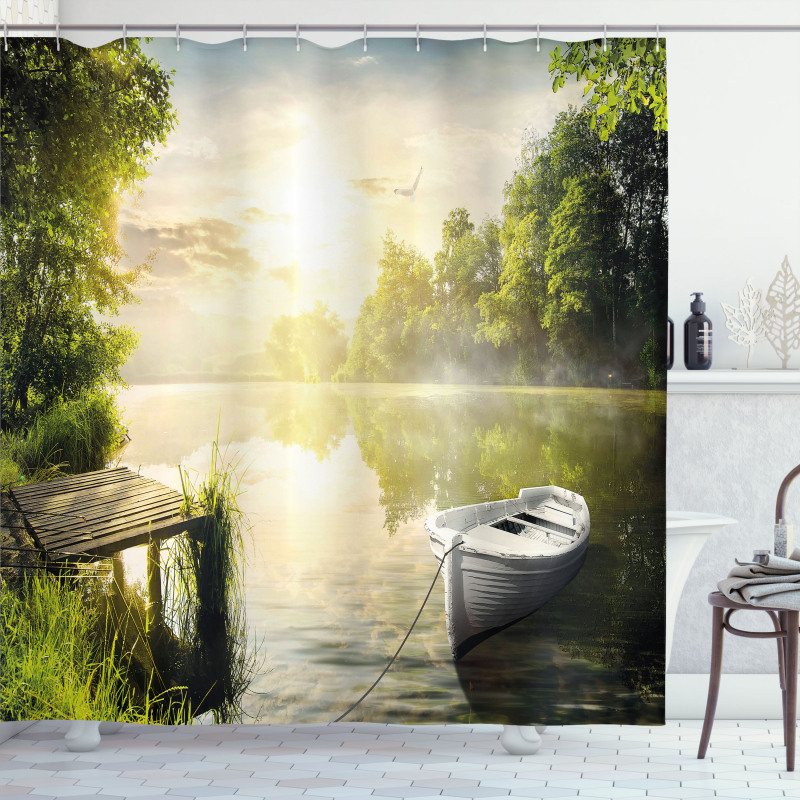 Boat by Foggy Lake Deck Shower Curtain